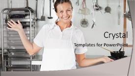  Presentation with commercial retail stores - Slide set having chef gesturing in commercial kitche background and a light gray colored foreground