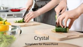  Presentation with cooking chef - Slide set with chef giving cooking classes in kitchen background and a soft green colored foreground