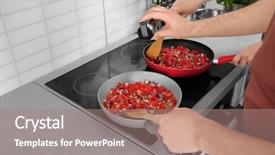  Presentation with cooking chef - Presentation design with chef giving cooking classes in kitchen background and a coral colored foreground