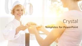  Presentation with waitress - Theme consisting of chef-giving-newly-baked-bread background and a cream colored foreground