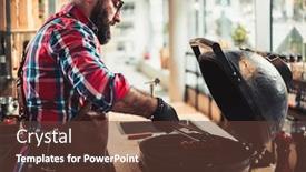  Presentation with grilling - Slide deck having chef grilling steak in a restaurant background and a tawny brown colored foreground