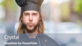  Presentation with young grey maine coon cat - Colorful presentation theme enhanced with chef guy - young handsome cook man backdrop and a gray colored foreground