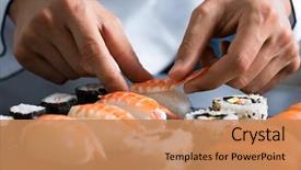  Presentation with sushi - Presentation theme having chef hands preparing japanese food background and a coral colored foreground