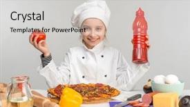  Presentation with ketchup - Amazing presentation having chef hat - little girl pour pizza backdrop and a light gray colored foreground