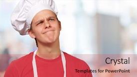  Presentation with young grey maine coon cat - Slides having chef hat - young cook man having background and a red colored foreground