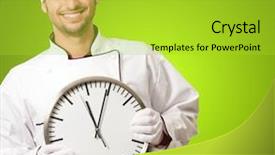  Presentation with chef - PPT layouts consisting of chef holding a clock on green background background and a yellow colored foreground