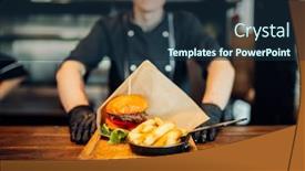 Presentation with burger - Slides having chef in gloves against juicy background and a navy blue colored foreground