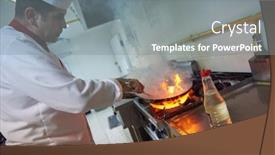  Presentation with hotel kitchen - Beautiful PPT theme featuring chef in hotel kitchen prepare vegetable food with fire backdrop and a gray colored foreground