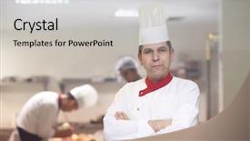  Presentation with hotel kitchen - Presentation consisting of chef in hotel kitchen preparing and decorating food delicious vegetables and meat meal dinner background and a light gray colored foreground