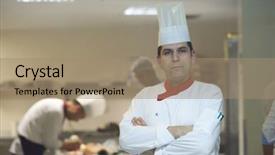  Presentation with hotel kitchen - Slide deck having chef in hotel kitchen preparing and decorating food delicious vegetables and meat meal dinner background and a coral colored foreground