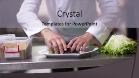  Presentation with hotel kitchen - PPT theme having chef in hotel kitchen preparing and decorating food delicious vegetables and meat meal dinner background and a light blue colored foreground