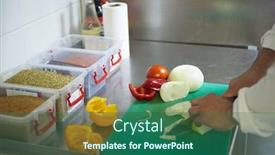  Presentation with hotel kitchen - Audience pleasing PPT theme consisting of chef in hotel kitchen slice vegetables with knife and prepare food backdrop and a ocean colored foreground