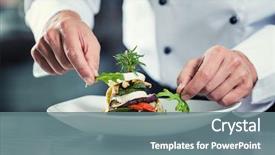  Presentation with chef - Colorful PPT layouts enhanced with chef in restaurant garnishing vegetable backdrop and a gray colored foreground