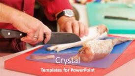  Presentation with chef - Theme featuring chef in restaurant slicing raw fish background and a coral colored foreground