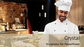  Presentation with indian restaurant - Colorful PPT theme enhanced with concept - happy male indian chef backdrop and a coral colored foreground