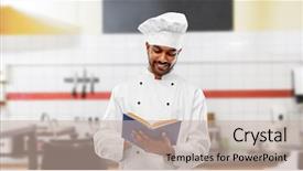  Presentation with indian restaurant - Colorful PPT layouts enhanced with chef in toque reading cookbook backdrop and a mint green colored foreground