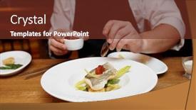  Presentation with tomato - Amazing slide deck having chef is adding tomato sauce to a fish dish backdrop and a tawny brown colored foreground