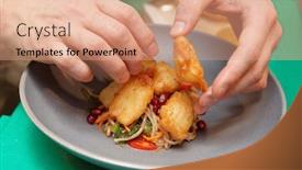  Presentation with fusion - Amazing presentation theme having chef is cooking a fusion cuisine appetizer of fried fish and noodles backdrop and a coral colored foreground