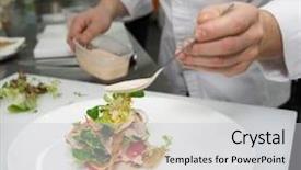  Presentation with cooking chef - Audience pleasing PPT layouts consisting of chef is cooking fish appetizer backdrop and a light gray colored foreground
