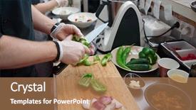  Presentation with commercial - PPT theme having chef is cutting vegetables background and a coral colored foreground
