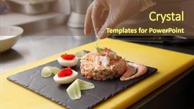  Presentation with crab - PPT theme with chef is decorating crab salad with herbs in restaurant kitchen background and a tawny brown colored foreground