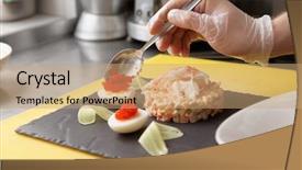  Presentation with crab - Theme enhanced with chef-is-decorating-crab-salad background and a coral colored foreground