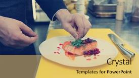  Presentation with commercial - Amazing presentation design having chef is decorating fried salmon steak with green pea work at commercial kitchen toned image backdrop and a yellow colored foreground