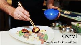  Presentation with fusion - Amazing presentation design having chef is decorating fusion style backdrop and a light gray colored foreground