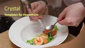  Presentation with prawn - Beautiful theme featuring chef is decorating prawn appetizer with salmon roe commercial kitchen slight motion blur backdrop and a tawny brown colored foreground