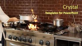  Presentation with restaurant kitchen - Presentation design featuring chef-is-making-flambe-dish background and a tawny brown colored foreground