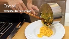  Presentation with porcelain - PPT layouts consisting of chef is potting cooked risotto on white porcelain plate background and a coral colored foreground