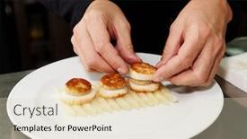  Presentation with foie - PPT theme enhanced with chef is serving fried foie gras with grilled scallops background and a lemonade colored foreground