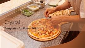  Presentation with pizzeria - Slide deck enhanced with chef is serving pizza professional kitchen of pizzeria background and a coral colored foreground