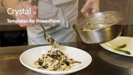  Presentation with restaurant kitchen - Theme featuring chef is serving risotto on restaurant kitchen background and a coral colored foreground