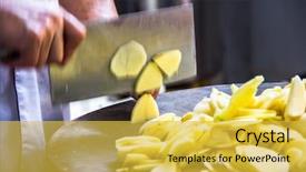  Presentation with chinese restaurant - Colorful presentation design enhanced with chef knife - kitchen of a chinese restaurant backdrop and a yellow colored foreground