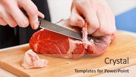  Presentation with steak - Presentation theme having chef knife - meat for steak background and a coral colored foreground