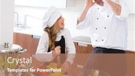  Presentation with kid chef - Audience pleasing slide set consisting of chef master and junior kid girl at cooking school crazy man about pupil recipe backdrop and a coral colored foreground