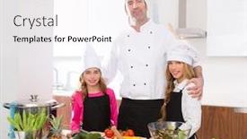  Presentation with master chef - Slide deck with chef master and junior pupil kid girls at cooking school with food on countertop background and a white colored foreground