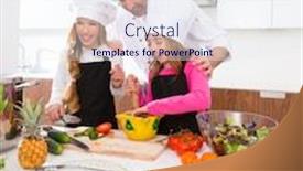  Presentation with master chef - PPT theme enhanced with chef master and junior pupil kid girls at cooking school with food on countertop background and a sky blue colored foreground
