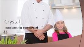  Presentation with master chef - Presentation design consisting of chef master and junior pupil kid girl at cooking school with food on countertop background and a sky blue colored foreground