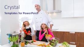  Presentation with kid chef - PPT layouts enhanced with chef master and junior pupil kid girls at cooking school with food on countertop background and a sky blue colored foreground
