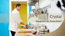  Presentation with dockside restaurant - Slides consisting of chef of restaurant washing dishes background and a yellow colored foreground