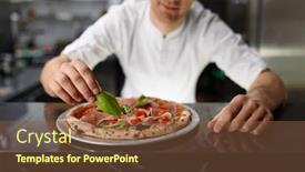  Presentation with oregano - Slide set having chef-pizzaiolo-decorating-pizza background and a tawny brown colored foreground