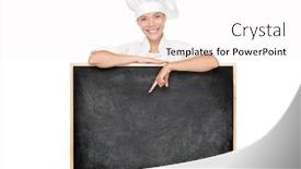  Presentation with restaurant menu black board chalkboard - Presentation featuring chef poitnting at menu chalkboard black board with top hat showing today specials at restaurant blank empty blackboard for advertising writing text for kitchen food isolated on white background background and a white colored foreground