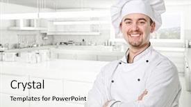  Presentation with cook chef - PPT layouts with chef portrait and kitchen background background and a sky blue colored foreground