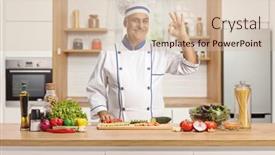  Presentation with chef - Presentation theme having chef-posing-behing-a-kitchen background and a soft green colored foreground