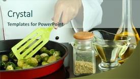  Presentation with brussels - PPT theme featuring chef prepares frresh brussels sprouts in pan on cooking surface close-up background and a sky blue colored foreground