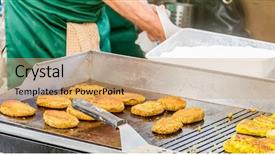  Presentation with burger - Audience pleasing slides consisting of chef preparing a gourmet burger backdrop and a coral colored foreground