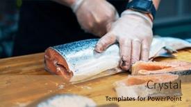  Presentation with salmon fish - Theme enhanced with chef-preparing-a-salmon-fish background and a coral colored foreground