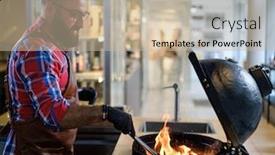  Presentation with grilling - Presentation theme consisting of chef-preparing-charcoals-before-grilling background and a soft green colored foreground